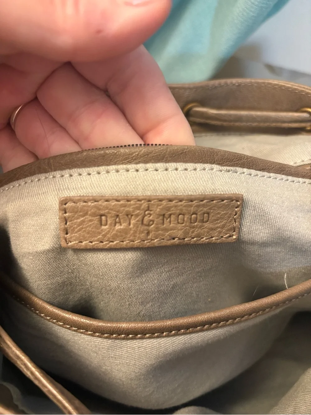 Day & Mood Taupe Leather Drawstring Backpack Hobo Bag Boho